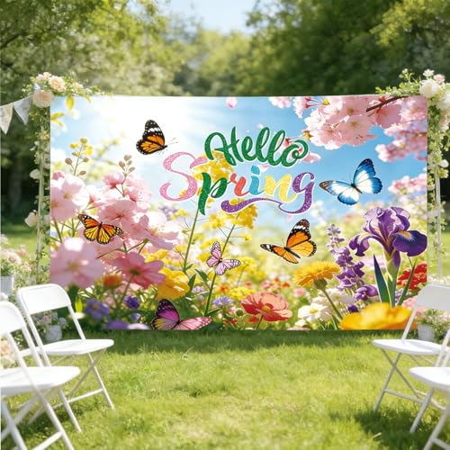 Hello Spring Backdrop Banner Large Spring Garland for Decorating Classroom Decor for Mantle & Outdoor Party Decor Floral Butterfly Spring Banner for Wall Photo Booth Mantel & Porch (180x110cm)