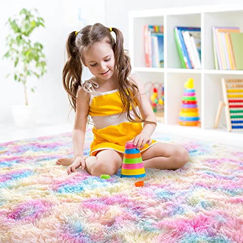 Junovo Soft Rainbow Area Rugs For Girls Room, Fluffy Colorful Rugs Cute Floor Carpets Shaggy Playing Mat For Kids Baby Girls Bedroom Nursery Home Decor, 5Ft X 8Ft Tie-Dyed Rainbow #TOP7