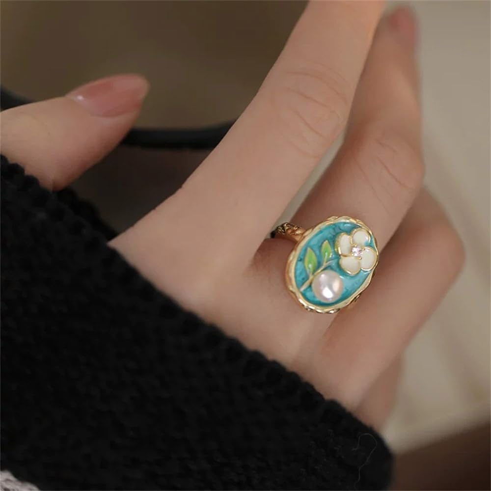Anillos abiertos de perlas esmaltadas de moda para mujer, chapados en oro de 14 quilates, diseño de hojas florales vintage, banda de dedo única, apilable, anillo de boda, ajustable, cóctel, fiesta, 3