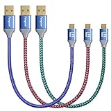 Micro USB Short Cords, Fasgear 3 pcs 1ft / 30cm Nylon Braided Micro USB Cable With Gold-Plated Navy-Blue Connector Compatible with Samsung, LG, HTC, Nokia, Android Phone And More (Purple,Orange,Green)