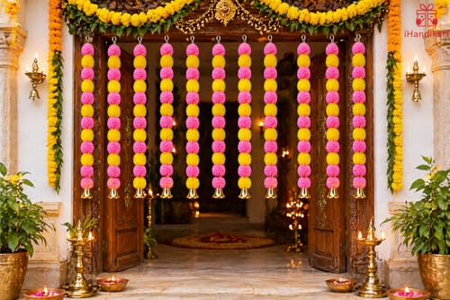 Image of iHandikart Multi Marigold Flower Hanging for Door Decoration |Pack of 5, 30 Inch | Artificial Fluffy Flower with Bell for Home Decor, Ideal for Diwali Decoration, Wedding, Festive Wall Hanging itmes.