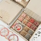RUBY Edelstein Perlen für Armbänder mit Holzbox – Naturstein Perlen zum Auffädeln aus Rosenquarz, DIY Schmuck Bastelset zum Armband selber machen, reicht für ca. 6 Armbänder
