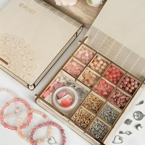 RUBY Edelstein Perlen für Armbänder mit Holzbox Naturstein Perlen zum Auffädeln aus Rosenquarz DIY Schmuck Bastelset zum Armband selber machen reicht für ca. 6 Armbänder