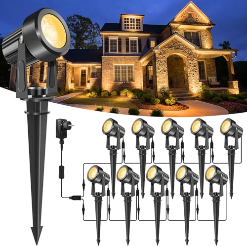 NATPOW Spot LED Extérieur, 10 en 1 3000K Eclairage Exterieur, 27V Lampes de Jardin avec 23M Cordon d'alimentation et Adaptateur, Étanche IP65 Lampe de Jardin Décorative pour Pelouse, Chemin