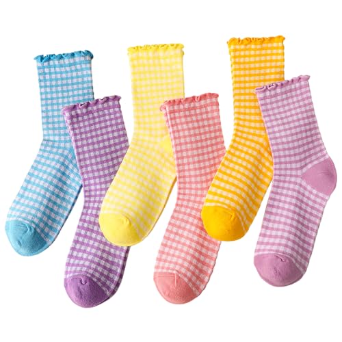 Image of 6 Pairs Women Ruffle Striped Frilly Socks, Cute Checkered Ankle Sock for Women Cotton Knit Casual Crew Socks