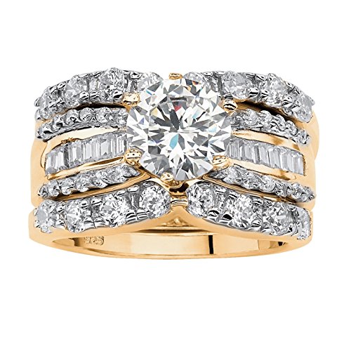 18K Yellow Gold over Sterling Silver Round Cubic Zirconia 3 Piece Bridal Ring Set Size 9
