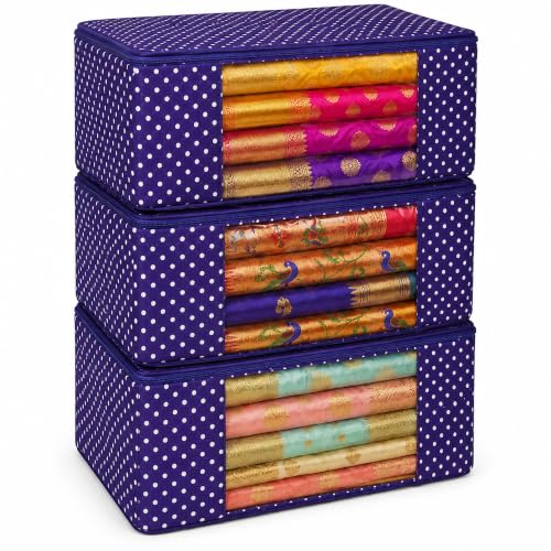Image of DALUCI Cotton Quilted Saree Covers Set of 3 | Saree Cover Bags for Storage with Transparent Window & Zip | Wardrobe Organizer for Clothes, Sarees, Lehengas, Dresses Foldable Closet Storage Bags - Blue