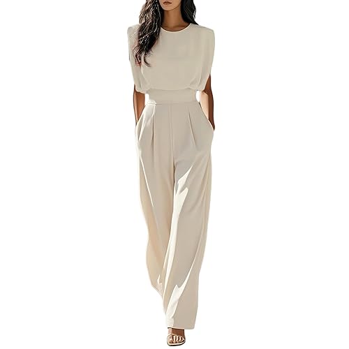 Women's Casual Jumpsuit Crew Neck Cap Sleeve Long Wide Leg