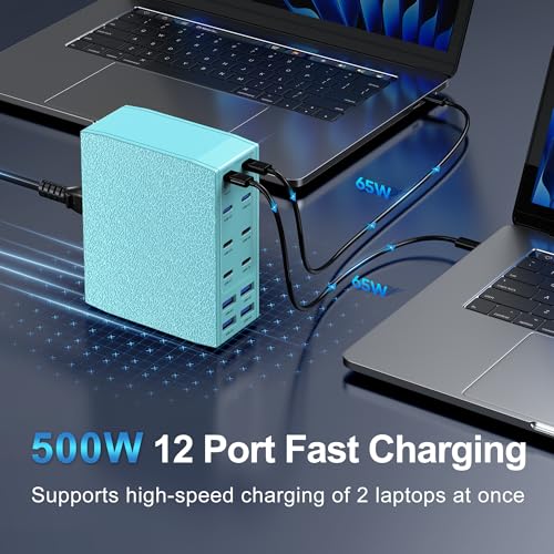 Image of 500W USB C Charger Block, 12-Port USB C Charging Station for Multiple Devices, Leather Texture Dual PD 65W Laptop Fast Charger Compatible with MacBook Pro /Air, iPad, iPhone,Galaxy and More,Green