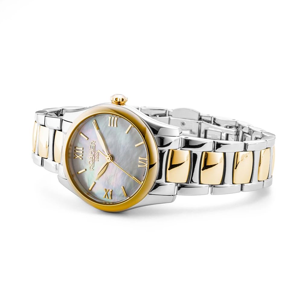 Roamer Eleganza Damen Armbanduhr, Edelstahl, 30mm, Edelstahlarmband, Farbe: Gold/Silber, 10 bar, Zifferblatt: Perlmutt, 974847 47 20 20