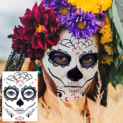 Tailaimei 12 Sheets Day Of The Dead Face Skeleton Tattoos/Dia De Los Muertos, Halloween Sugar Skull Costume Makeup Temporary Tattoos For Costume Apparel Party #TOP2