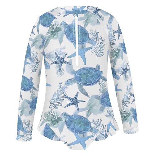 ALAZA Toddler Swimsuit Girl Bathing Suit Swimwear Rash Guard Beach Coastal Turtles Long Sleeve 3T2