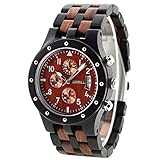 Bewell メンズ腕時計 W109D サブダイヤル搭載 木製バンド クオーツアナログムーブメント 日付表示 Black and Red Sandalwood