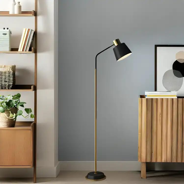 Image of Modern Floor Lamp for Living Room | Black & Gold Metal Standing Lamp with Adjustable Head | Minimalist Reading Floor Lamp for Bedroom, Corner & Home Decor