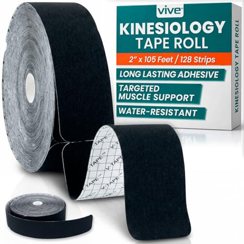 Vive Kinesiology Tape Roll Precut Strips (105 Feet 128 Strips) - K Tape Bulk Pack - Athletic Sports Tape for Knee Shoulder Ankle & Muscle Pain Relief - Waterproof Kinetic Kinesio KTape Wrap