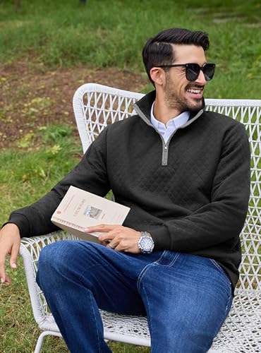 URRU Men’s Quarter Zip Pullover Quilted Sweater Long Sleeve Mock Neck Polo with Pocket4