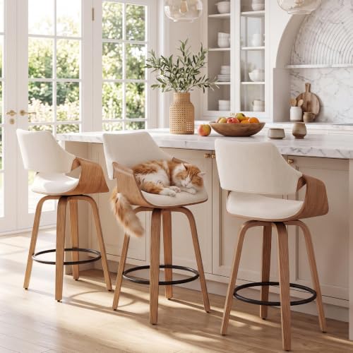 Image of HNY 26 inch Swivel Bar Stools Set of 3, Beige Linen Counter Height Barstools | 360 Swivel Bar Height Stools, Barrel Backrest, Solid Wood Frame, Round Footrest, Counter Stools for Kitchen Island, Home Bar