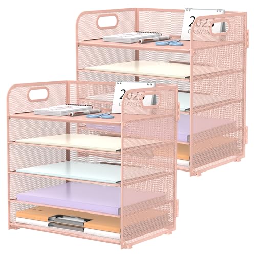 Image of 2 Pack 5-Tier Pink Desk Organizer with Handle Mesh Desk File /Paper Organizer Letter Tray for Office, School, Classroom and Home Easy Installation