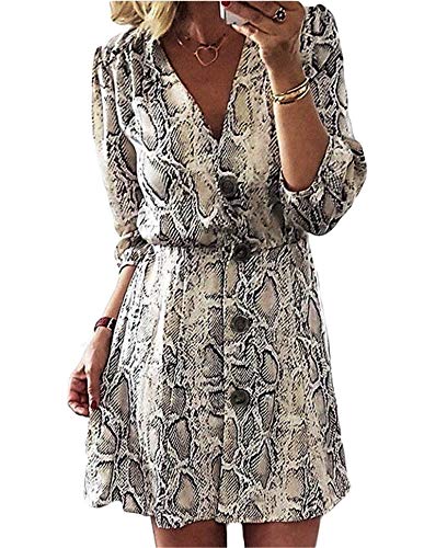 generisch JIER Damen Schlange V-Ausschnitt Kleider Sexy Serpentin Mini Kleider mit Knopf Strand Sundress Kleid Cocktailkleid Elegant Langarm...