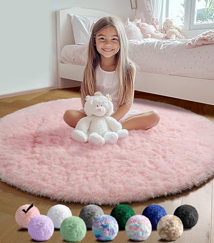 ONASAR Light Pink Round Area Rugs 4ft for Bedroom Living Room, Washable Fluffy Circle Rug for Kids Girls Boys Teen, Soft Plush Shaggy Carpet for Nursery Dorm Classroom Playroom Home Decor Aesthetic
