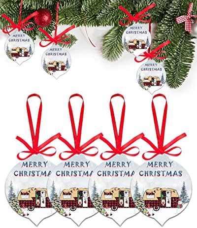 Christmas Ornaments 2022, Merry Christmas Red Checkered Camper Double-Sided Xmas Hanging Ornaments 4 Pack, Snowy Dwarf Snowman Christmas Tree Decorations Ornament for Party/Wedding Décor 3.7"x3"
