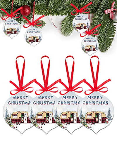 Christmas Ornaments 2022, Merry Christmas Red Checkered Camper Double-Sided Xmas Hanging Ornaments 4 Pack, Snowy Dwarf Snowman Christmas Tree Decorations Ornament For Party/Wedding Décor 3.7"X3" #TOP11