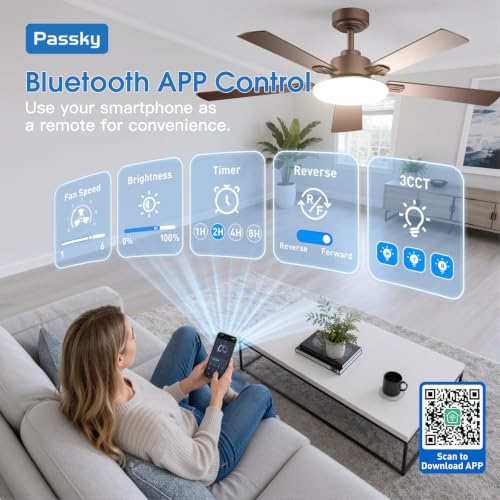 Image of Passky 52 Inch Brown Sleek Ceiling Fans with Lights, Remote Control | 3-color dimmable light, quiet reversible DC motor, easy install, memory, Timer, APP, bedroom, covered outdoor areas