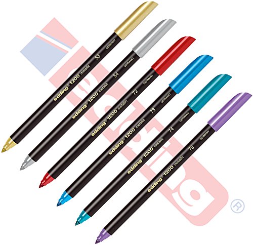 edding 1200 [Metallic Special] Rotulador, Pintar y marcar – Colourpen para Escribir a Mano – Ancho de Trazo: 1 mm Oro Plata Rojo Azul Verde Violeta, Juego metálico, 1 stück (6er Pack), 6 Unidades