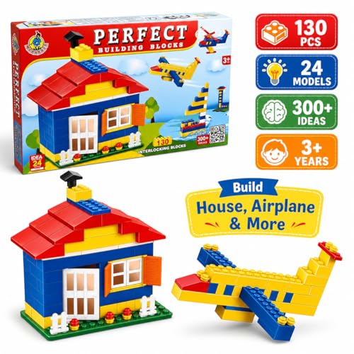 Image of Fair Building and Construction Brick Blocks, 130 Pcs, STEM Set for Boys and Girls, Plastic, Multi Colour, Ages 4 Years and Above