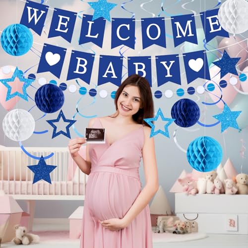 Image of WinnerWhy 25 Pcs Baby Shower Decorations for Boy, Blue Welcome Baby Banner with Glitter Stars, Hanging Swirls, Honeycomb Balls, Circle Dots Garland Boy Blue Decorations for Gender Reveal Party Decor