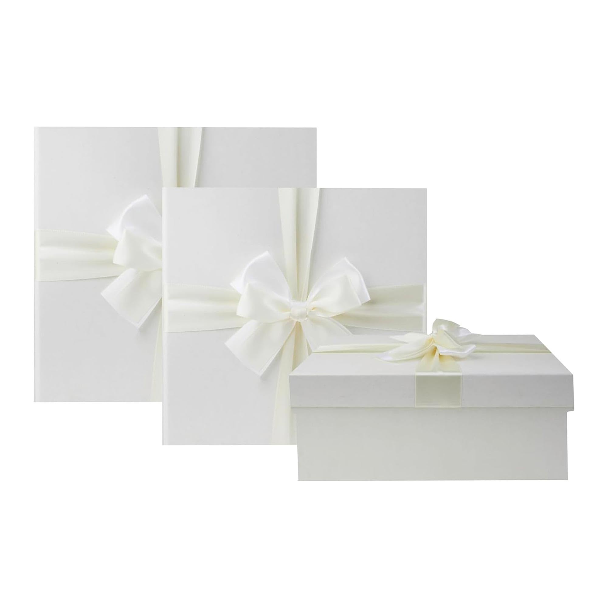 Emartbuy Ivory Box Rigid Gift Box with Ribbon Set of 3 – Large, Medium, Small – Luxury Cardboard Presentation Box | Premium Packaging for Hampers, Birthdays, Weddings, Corporate Gifting