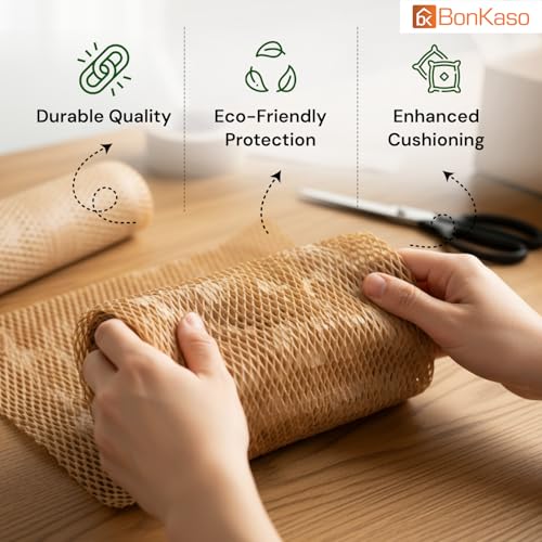 Image of BonKaso Honeycomb Paper Wrap Roll 50M x 12 Inch | 80 GSM Eco-Friendly Brown Packaging Roll | Cushioning & Shockproof Wrap for Fragile Items | Sustainable Packing Material for Shipping