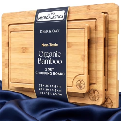 Deer & Oak 3-Piece Bamboo Chopping Board Set Pre-Oiled Wooden Cutting Chopping Boards for Kitchens 33x24cm 28x20cm 22x15cm with Side Handle and Grooves
