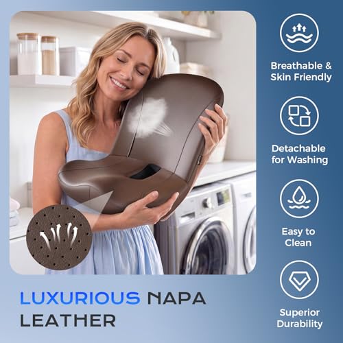 Image of Coverado Car Seat Cushion and Lumbar Support Pillow One Piece, Napa Leather Memory Foam Ergonomic Back Support Driving Seat Cushion for Back Pain, Non-Slip Washable Cushion for Car, Driver, Office