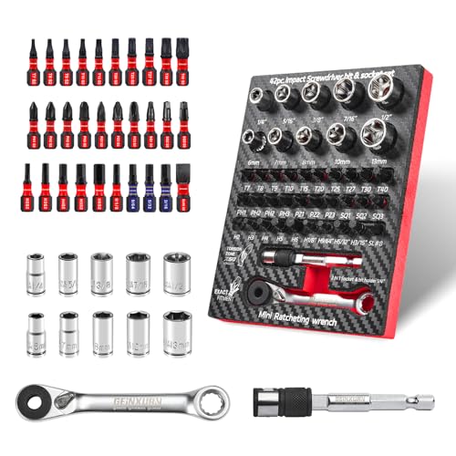 Geinxurn 42Pieces Impact Screwdriver Bit & Socket Set with Mini Ratcheting Wrench, 30Pcs Impact S2 Screwdriver Bits Set, 5Pcs SAE & Metric Sockets and 2-In-1 Bit Extension Holder Repair Tools