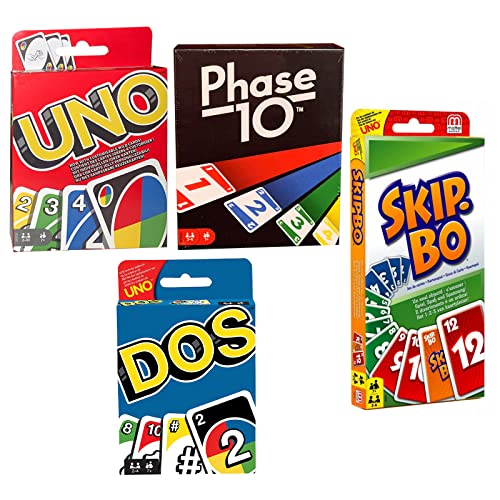 Rappelkiste Spielwaren Spar-Set - 4 Verschiedene Kartenspiele-Set: UNO, Skip BO, Phase 10 und DOS,