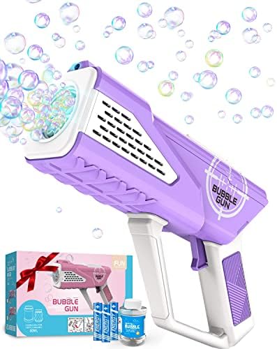 Bubble Gun - Bubble Machine Gun for Kids - Bubble Blower with 8-Hole Wands & LED Light - Bubble Maker Include Bubble Solution & Batteries - Bubble Blaster Gift for Birthday, Parties, Outdoor (Purple)