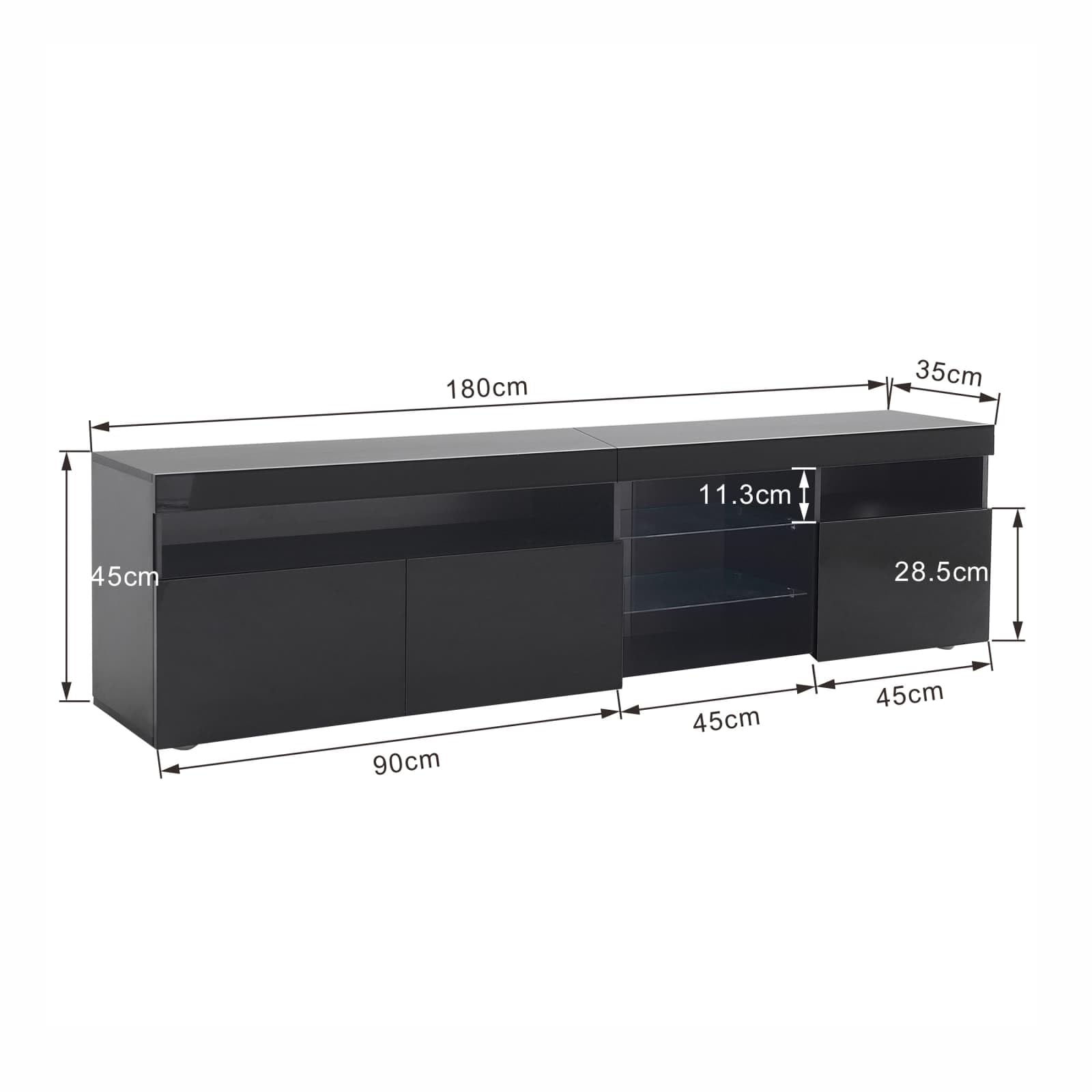 PUGSDRLY Meuble TV Contemporain Noir 180cm avec Éclairage LED Réglable et Finition Brillante,Adapté aux Salons et Salles à Manger (Black)