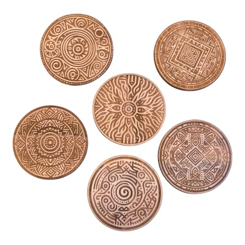 Juego de 6 posavasos de madera con patrones de Marajoara para bebidas, juego de 6 posavasos de madera bellamente diseñados, para vasos, tazas de café, para cualquier tipo de mesa, tamaño 3.5 x 3.5
