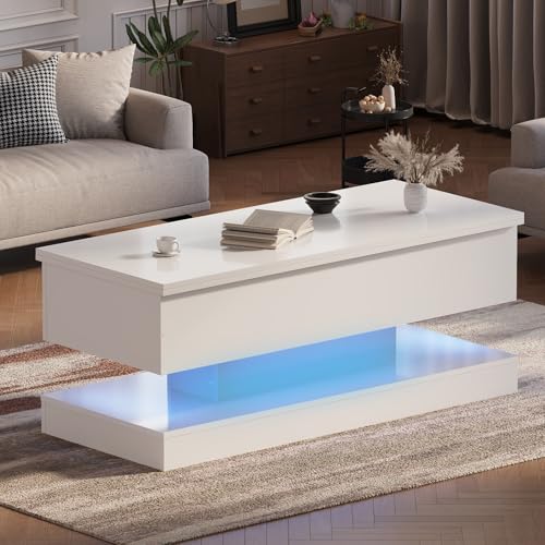 47.2 Inch Large Lift Top Coffee Table Modern High Glossy LED Storage Table with Remote Control for Living Room Dining Room Home Office 47.2" L*19.29"