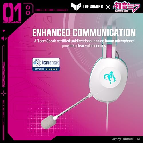 Image of ASUS TUF Gaming H1 Gen II Hatsune Miku Edition Wired USB Gaming Headset with Mic - 40mm Drivers, Virtual 7.1 Surround Sound, TeamSpeak-Certified Mic, Removeable Ear Cushions, for PC, PS5 - Aqua