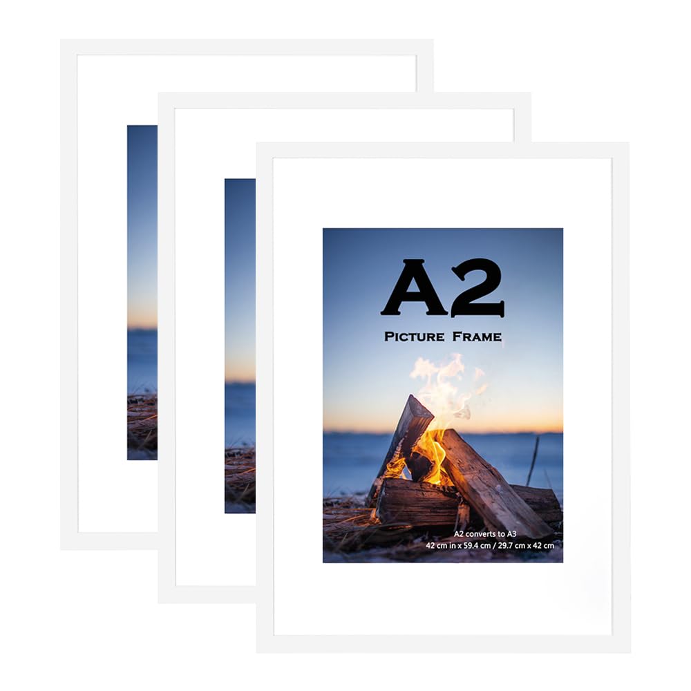 White Wooden Picture Frame A2(42x59.4cm) with Mat,Set of 3, Mount for A3 Picture or Certificate,Wall Mountable — image 1