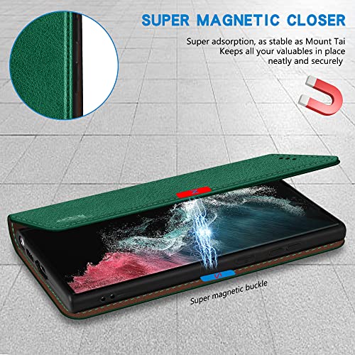 Image of ZZXX Samsung Galaxy S22 Ultra 5G Wallet Case, Green-6.8 inch, RFID Blocking, Card Slot, Strong Magnetic Leather Flip Fold Protective Phone Case