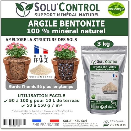 SOLU'CONTROL Argile Bentonite Naturelle 3 kg – Support Minéral Jardin – Améliore la Rétention en Eau des Sols et Terreaux – Utilisable en Agriculture Biologique – Origine France