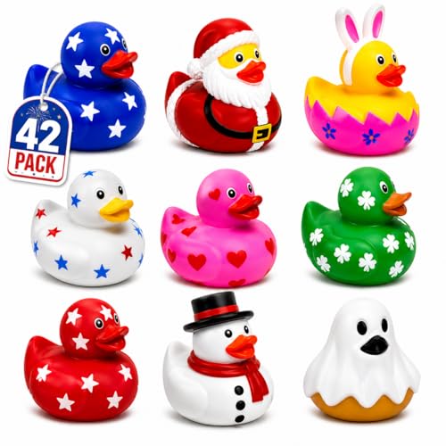 4Es Novelty Rubber Ducks for All Holidays Bulk Pack of 42 - Includes 6 of Each Holiday Patriotic July 4 Ducks Halloween Ducks Bath Toys for Kids Gift for Jeep Owners Jeep Ducking