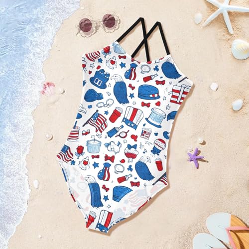 Eagle Bow Flag Girls One Piece Swimsuits Summer Quick Dry Beach Bathing Suit3
