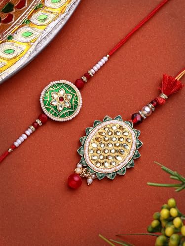 Image of Sukkhi Rakhi Creative Gold Plated with Meenakari Handwork Om Rakshabandhan Lumba Rakhi for Brother Bhaiya Bhabhi with Roli Chawal & Greeting Card|Set of 2