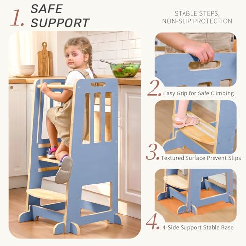Image of WINGYZ Toddler Tower - Anti-Tip Natural Wood Learning Stool for Kids 18M-6Y, 150lb Capacity Kitchen Stool with 3-Height Adjustable Platform and Sliding Door Access, 20lb Portable Design, Blue