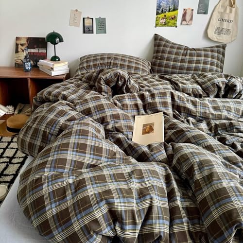 Image of PinkMemory Brown Blue Gingham Buffalo Plaid Duvet Cover King 100% Washed Cotton Vintage Checkered Duvet Cover Set 3pcs Retro Grid Bedding Set with Zipper Closure Corner Ties,Soft Breathable