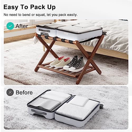 Smuxee Fully Assembled Walnut Luggage Racks Pack of 2, Upgraded Bamboo Foldable Suitcase Stand with 5 Nylon Straps, Luggage Holder with Shelf for Guest Room Bedroom Hotel